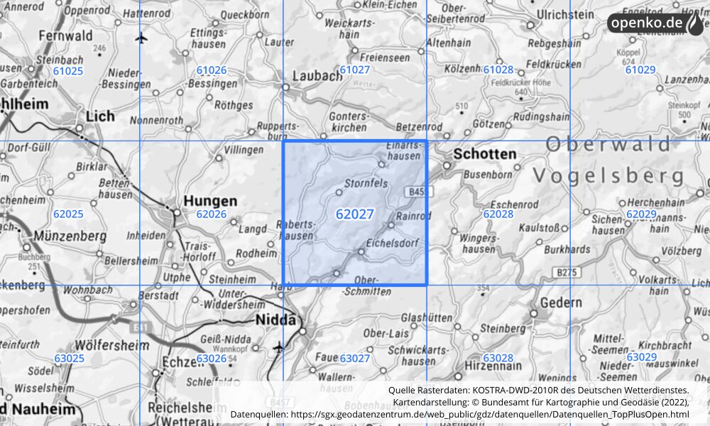 Übersichtskarte KOSTRA-DWD-2010R Rasterfeld Nr. 62027 mit angrenzenden Feldern