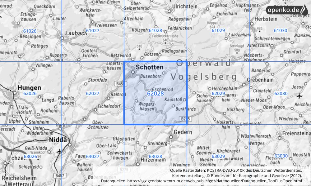 Übersichtskarte KOSTRA-DWD-2010R Rasterfeld Nr. 62028 mit angrenzenden Feldern