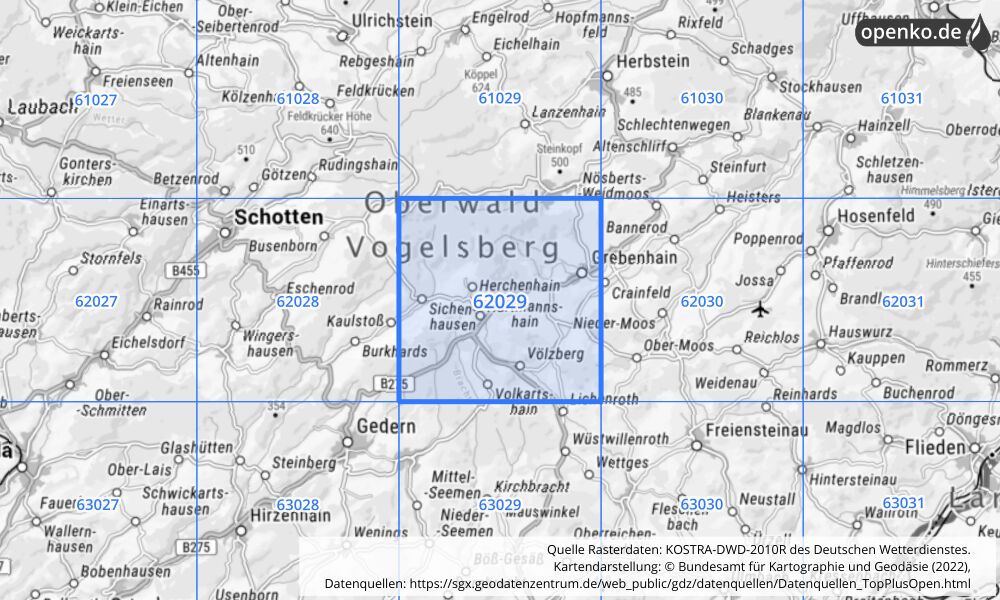 Übersichtskarte KOSTRA-DWD-2010R Rasterfeld Nr. 62029 mit angrenzenden Feldern