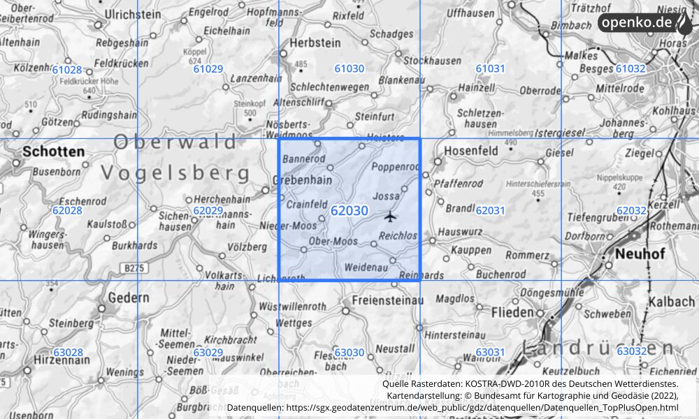 Übersichtskarte KOSTRA-DWD-2010R Rasterfeld Nr. 62030 mit angrenzenden Feldern