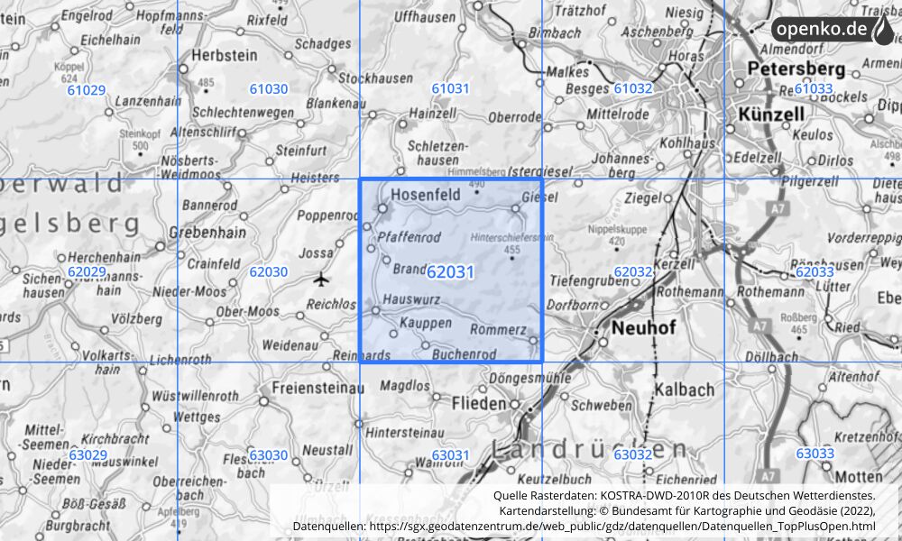 Übersichtskarte KOSTRA-DWD-2010R Rasterfeld Nr. 62031 mit angrenzenden Feldern