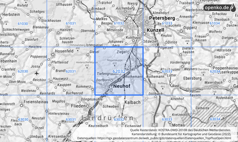 Übersichtskarte KOSTRA-DWD-2010R Rasterfeld Nr. 62032 mit angrenzenden Feldern