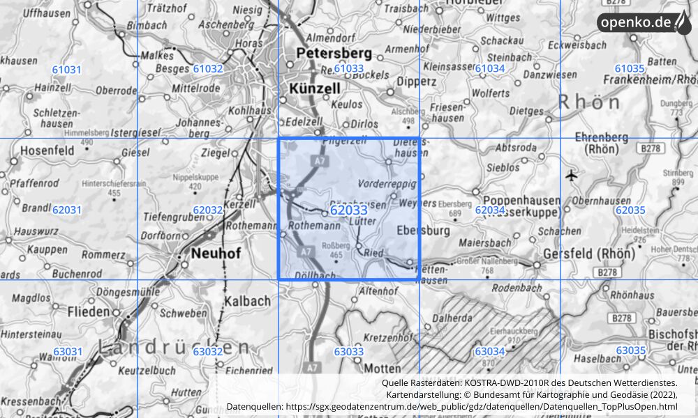 Übersichtskarte KOSTRA-DWD-2010R Rasterfeld Nr. 62033 mit angrenzenden Feldern