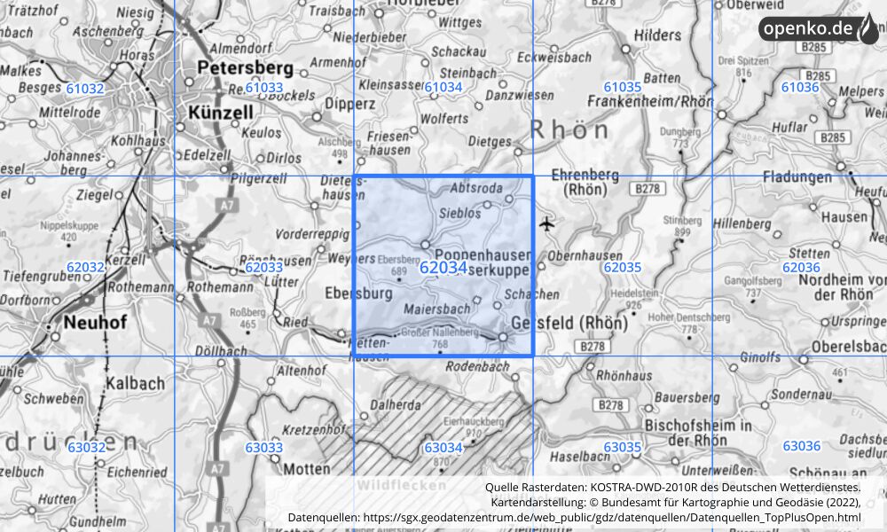 Übersichtskarte KOSTRA-DWD-2010R Rasterfeld Nr. 62034 mit angrenzenden Feldern