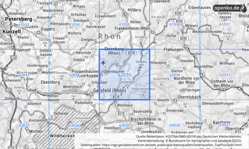 Übersichtskarte KOSTRA-DWD-2010R Rasterfeld Nr. 62035 mit angrenzenden Feldern