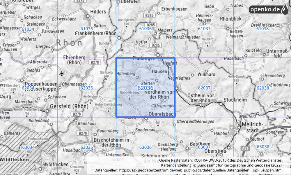 Übersichtskarte KOSTRA-DWD-2010R Rasterfeld Nr. 62036 mit angrenzenden Feldern