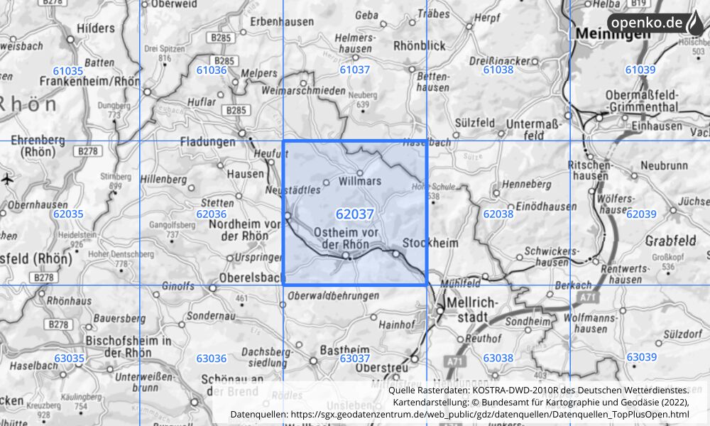 Übersichtskarte KOSTRA-DWD-2010R Rasterfeld Nr. 62037 mit angrenzenden Feldern