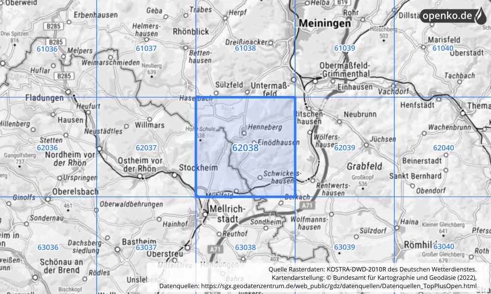 Übersichtskarte KOSTRA-DWD-2010R Rasterfeld Nr. 62038 mit angrenzenden Feldern