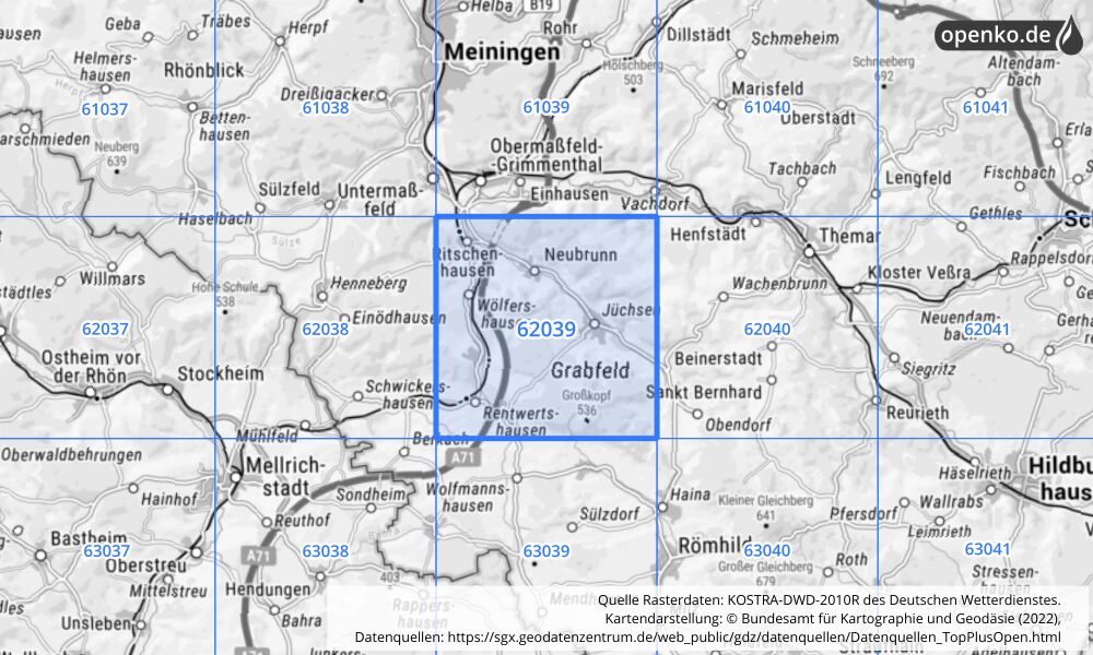 Übersichtskarte KOSTRA-DWD-2010R Rasterfeld Nr. 62039 mit angrenzenden Feldern