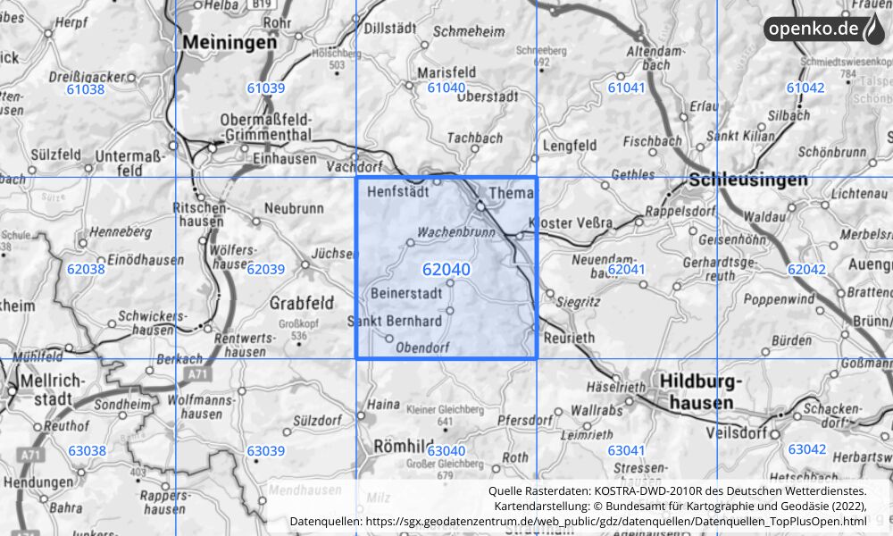 Übersichtskarte KOSTRA-DWD-2010R Rasterfeld Nr. 62040 mit angrenzenden Feldern