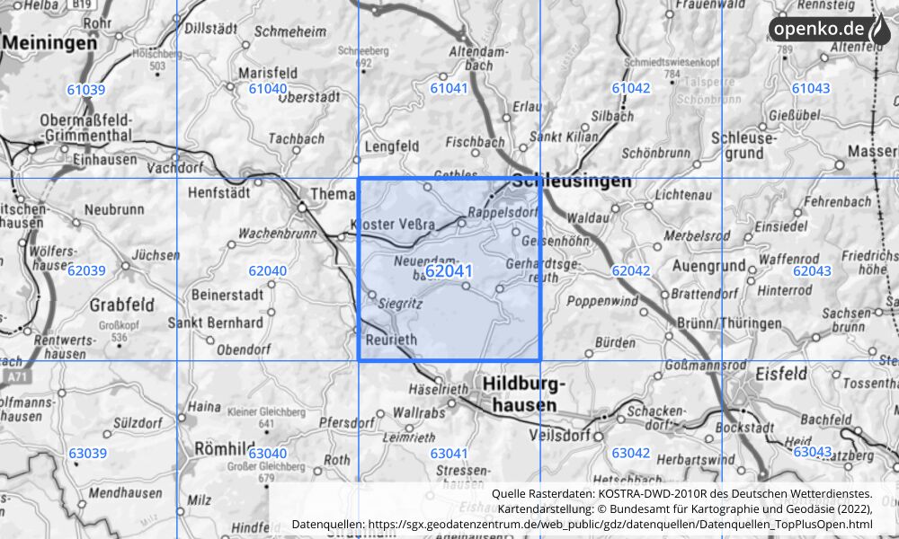 Übersichtskarte KOSTRA-DWD-2010R Rasterfeld Nr. 62041 mit angrenzenden Feldern