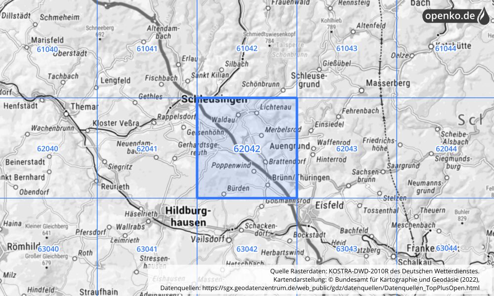 Übersichtskarte KOSTRA-DWD-2010R Rasterfeld Nr. 62042 mit angrenzenden Feldern