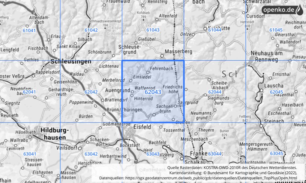 Übersichtskarte KOSTRA-DWD-2010R Rasterfeld Nr. 62043 mit angrenzenden Feldern