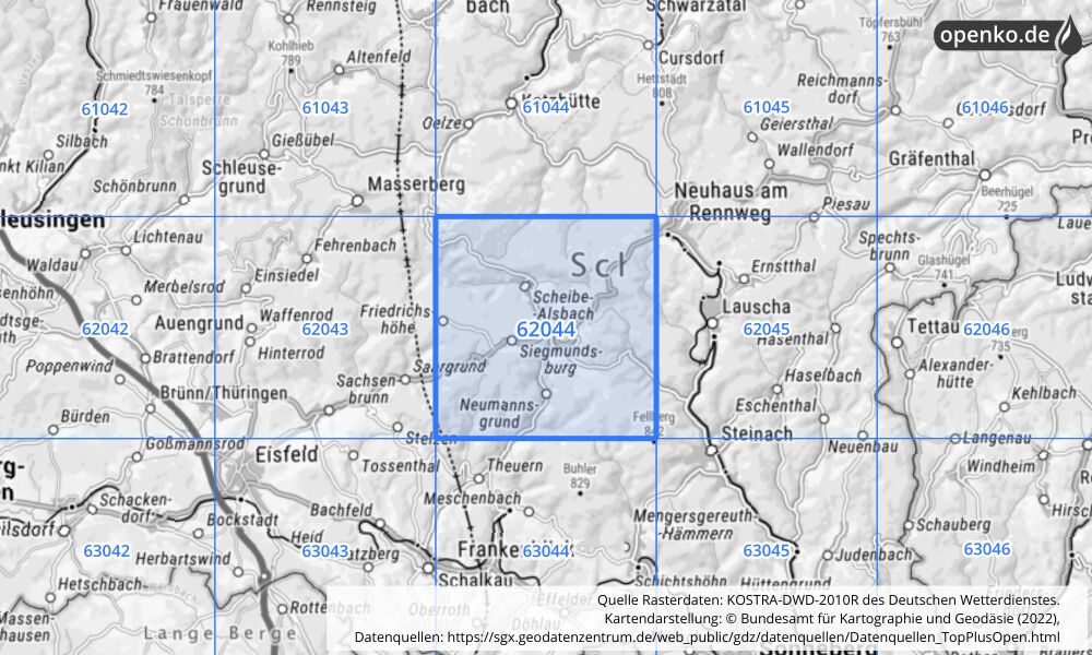 Übersichtskarte KOSTRA-DWD-2010R Rasterfeld Nr. 62044 mit angrenzenden Feldern