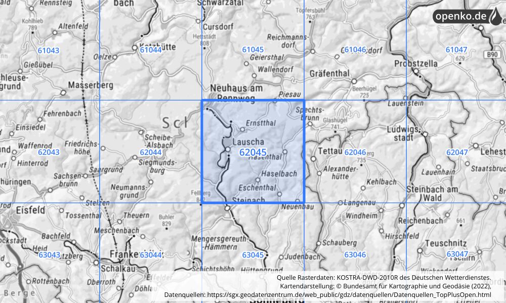 Übersichtskarte KOSTRA-DWD-2010R Rasterfeld Nr. 62045 mit angrenzenden Feldern