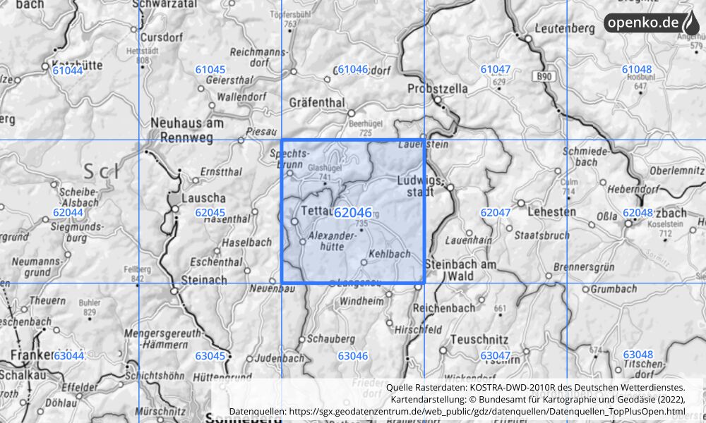 Übersichtskarte KOSTRA-DWD-2010R Rasterfeld Nr. 62046 mit angrenzenden Feldern