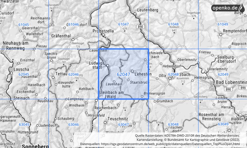 Übersichtskarte KOSTRA-DWD-2010R Rasterfeld Nr. 62047 mit angrenzenden Feldern