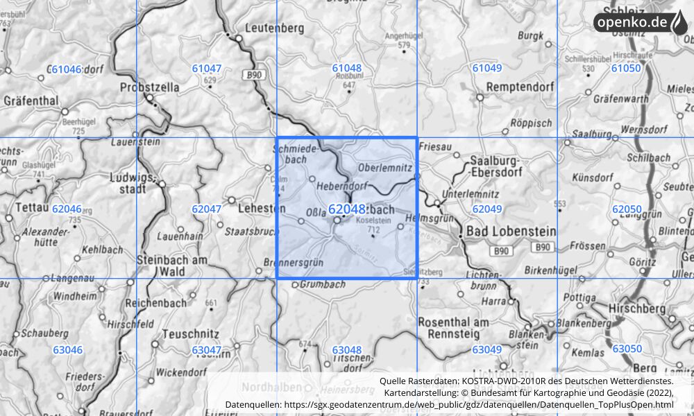 Übersichtskarte KOSTRA-DWD-2010R Rasterfeld Nr. 62048 mit angrenzenden Feldern