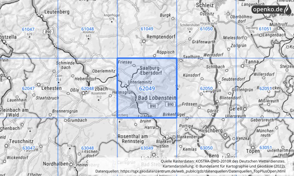 Übersichtskarte KOSTRA-DWD-2010R Rasterfeld Nr. 62049 mit angrenzenden Feldern