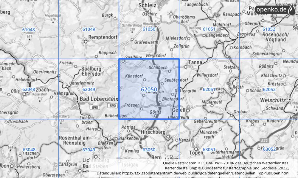 Übersichtskarte KOSTRA-DWD-2010R Rasterfeld Nr. 62050 mit angrenzenden Feldern