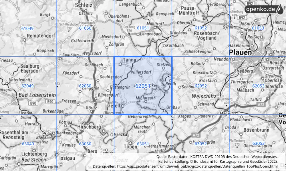 Übersichtskarte KOSTRA-DWD-2010R Rasterfeld Nr. 62051 mit angrenzenden Feldern