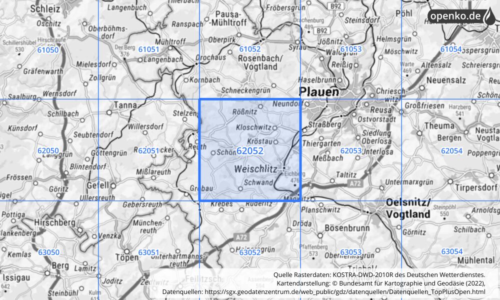 Übersichtskarte KOSTRA-DWD-2010R Rasterfeld Nr. 62052 mit angrenzenden Feldern