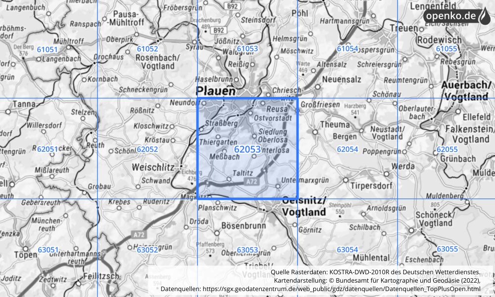 Übersichtskarte KOSTRA-DWD-2010R Rasterfeld Nr. 62053 mit angrenzenden Feldern