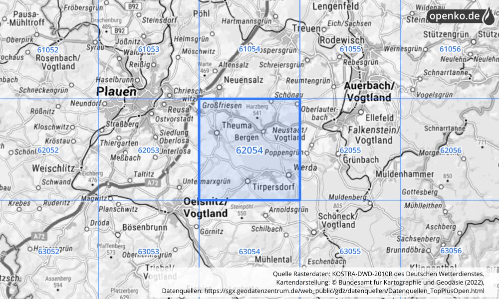 Übersichtskarte KOSTRA-DWD-2010R Rasterfeld Nr. 62054 mit angrenzenden Feldern