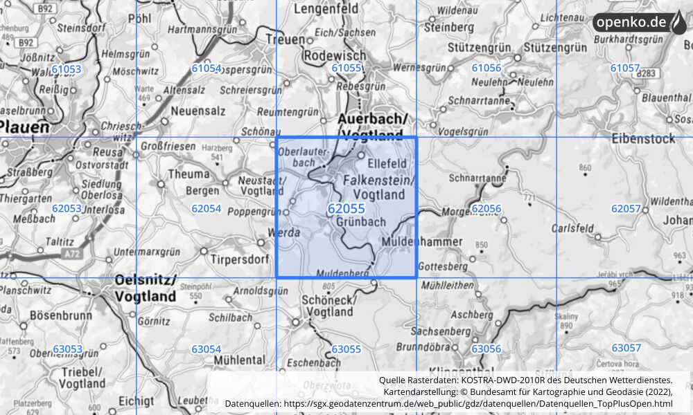 Übersichtskarte KOSTRA-DWD-2010R Rasterfeld Nr. 62055 mit angrenzenden Feldern