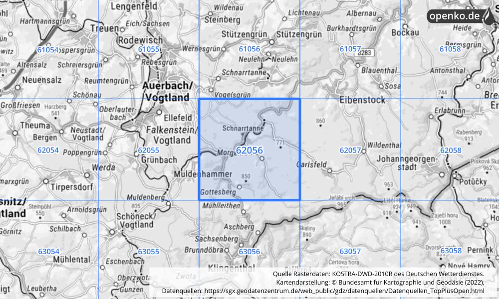 Übersichtskarte KOSTRA-DWD-2010R Rasterfeld Nr. 62056 mit angrenzenden Feldern