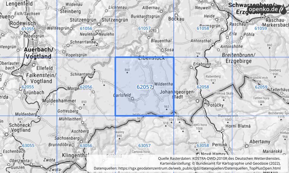 Übersichtskarte KOSTRA-DWD-2010R Rasterfeld Nr. 62057 mit angrenzenden Feldern