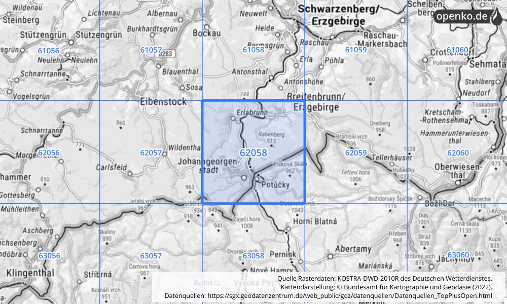 Übersichtskarte KOSTRA-DWD-2010R Rasterfeld Nr. 62058 mit angrenzenden Feldern