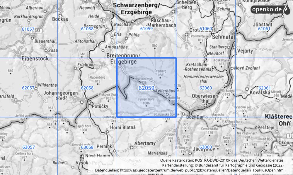 Übersichtskarte KOSTRA-DWD-2010R Rasterfeld Nr. 62059 mit angrenzenden Feldern