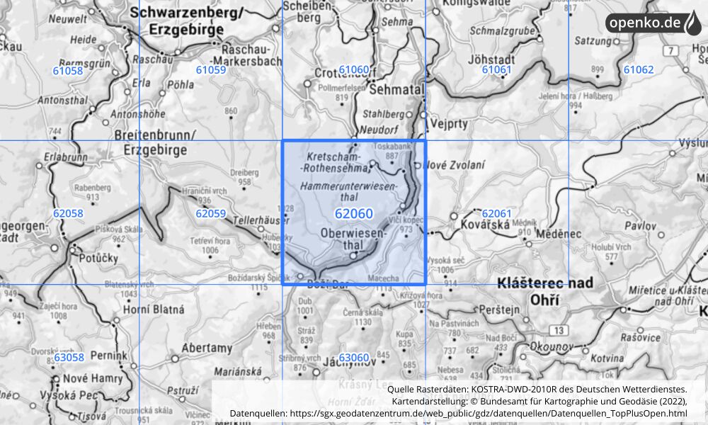 Übersichtskarte KOSTRA-DWD-2010R Rasterfeld Nr. 62060 mit angrenzenden Feldern