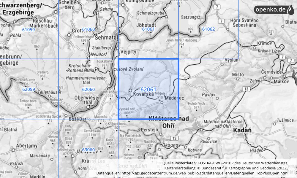 Übersichtskarte KOSTRA-DWD-2010R Rasterfeld Nr. 62061 mit angrenzenden Feldern