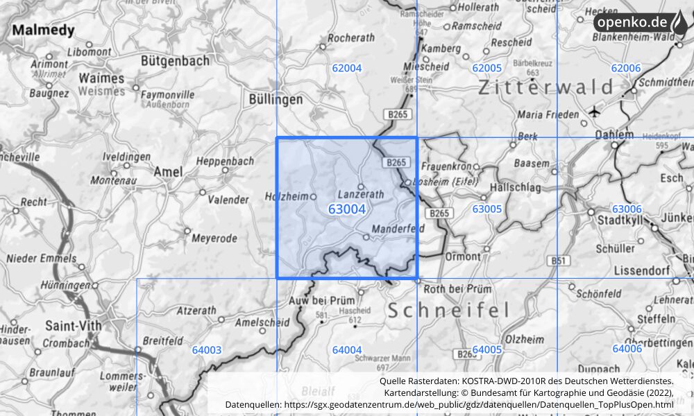 Übersichtskarte KOSTRA-DWD-2010R Rasterfeld Nr. 63004 mit angrenzenden Feldern