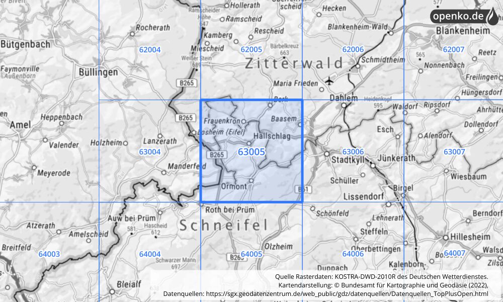 Übersichtskarte KOSTRA-DWD-2010R Rasterfeld Nr. 63005 mit angrenzenden Feldern