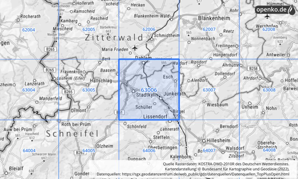 Übersichtskarte KOSTRA-DWD-2010R Rasterfeld Nr. 63006 mit angrenzenden Feldern