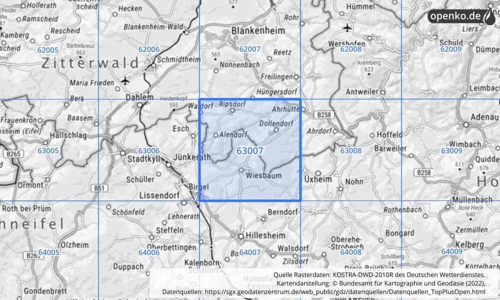 Übersichtskarte KOSTRA-DWD-2010R Rasterfeld Nr. 63007 mit angrenzenden Feldern