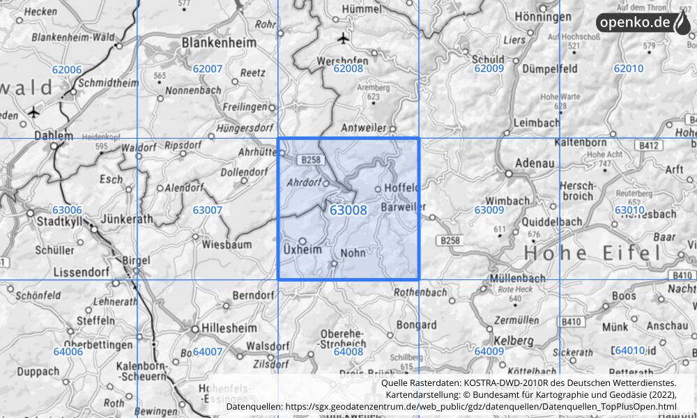 Übersichtskarte KOSTRA-DWD-2010R Rasterfeld Nr. 63008 mit angrenzenden Feldern