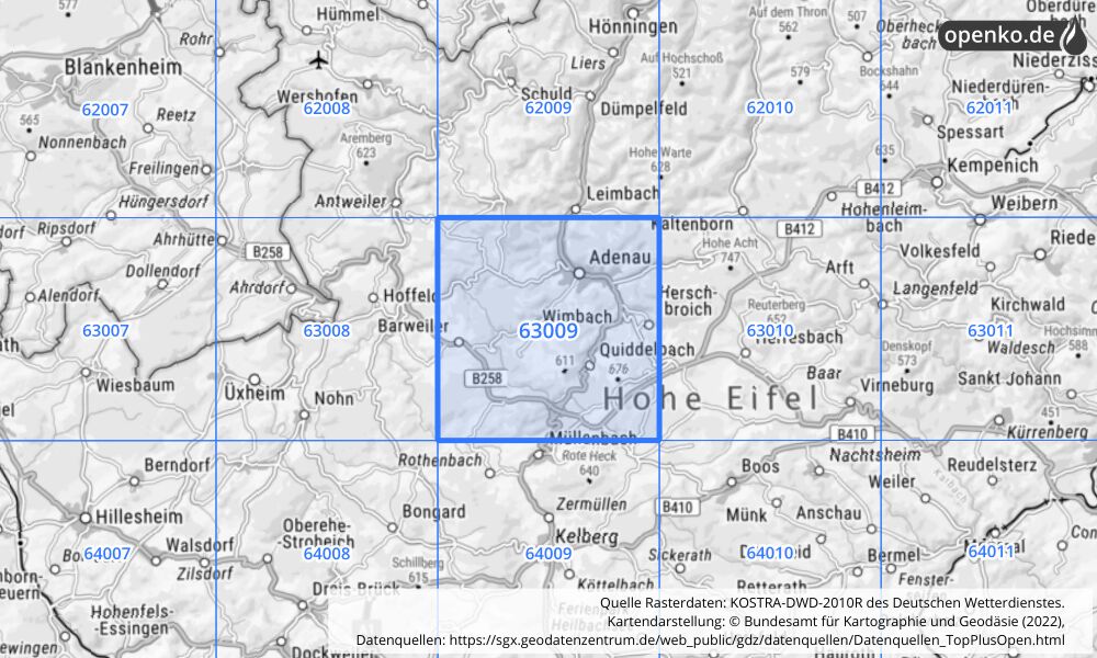 Übersichtskarte KOSTRA-DWD-2010R Rasterfeld Nr. 63009 mit angrenzenden Feldern