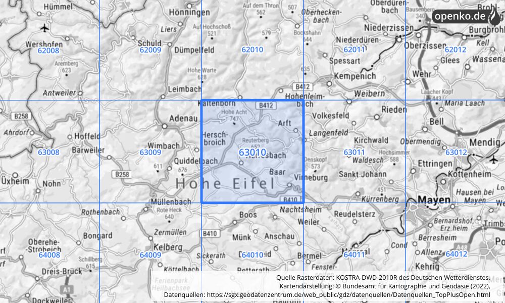 Übersichtskarte KOSTRA-DWD-2010R Rasterfeld Nr. 63010 mit angrenzenden Feldern
