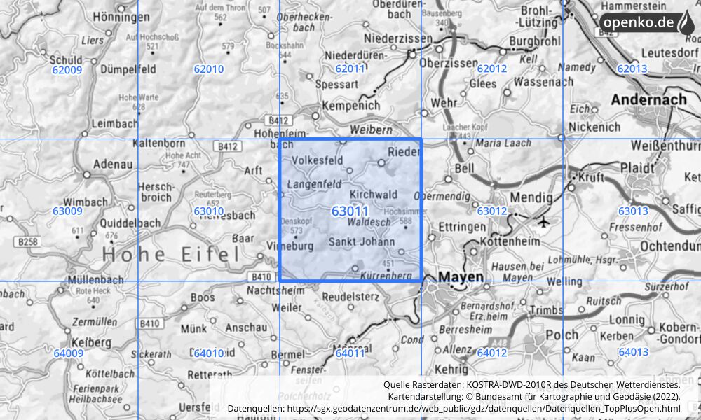 Übersichtskarte KOSTRA-DWD-2010R Rasterfeld Nr. 63011 mit angrenzenden Feldern