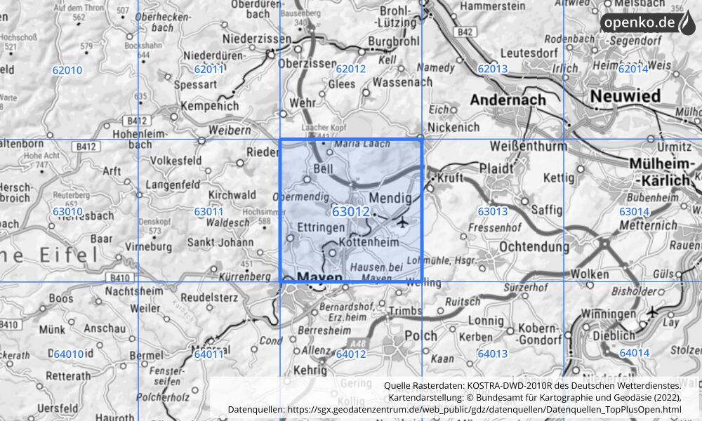 Übersichtskarte KOSTRA-DWD-2010R Rasterfeld Nr. 63012 mit angrenzenden Feldern