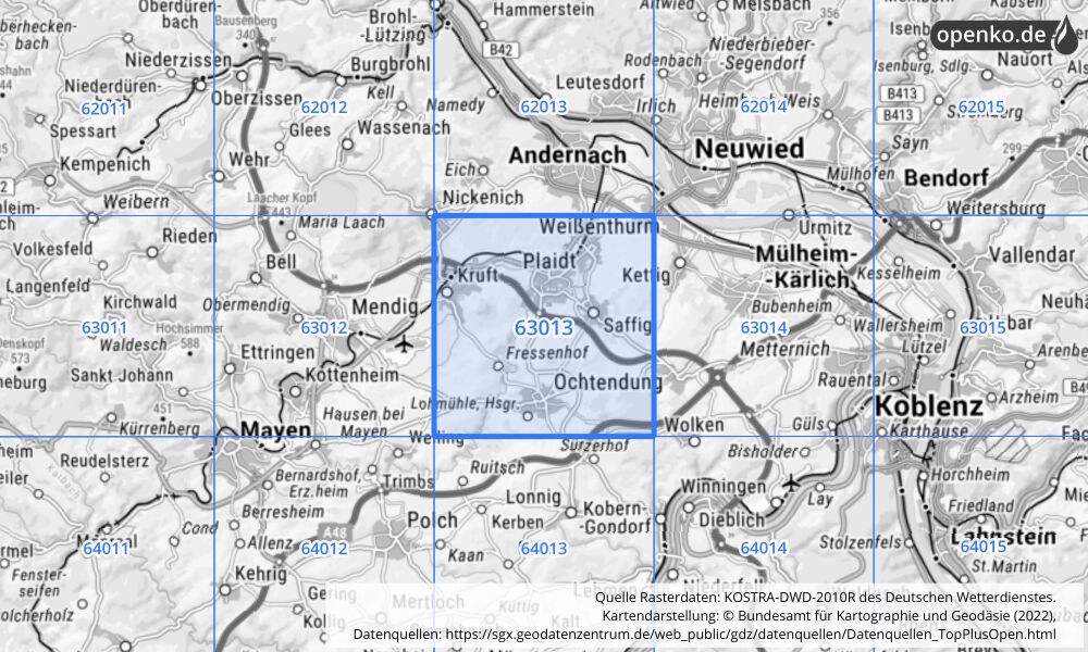 Übersichtskarte KOSTRA-DWD-2010R Rasterfeld Nr. 63013 mit angrenzenden Feldern