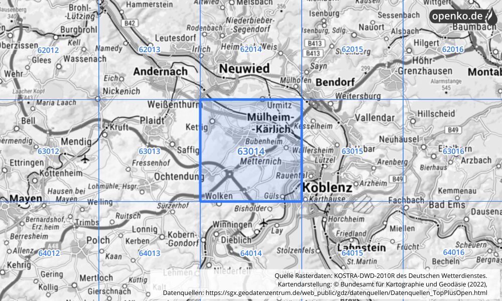 Übersichtskarte KOSTRA-DWD-2010R Rasterfeld Nr. 63014 mit angrenzenden Feldern