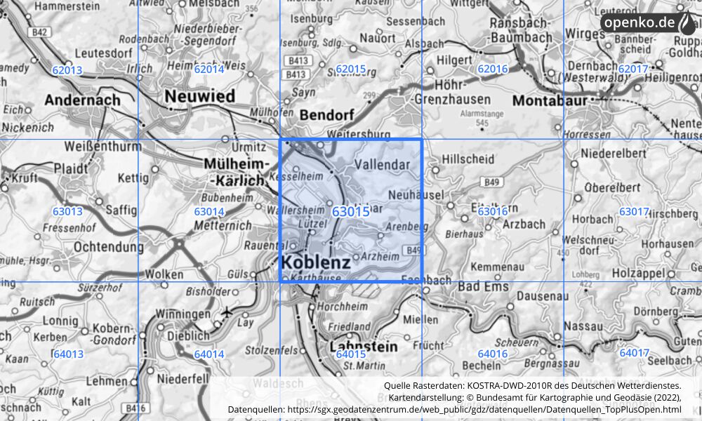 Übersichtskarte KOSTRA-DWD-2010R Rasterfeld Nr. 63015 mit angrenzenden Feldern