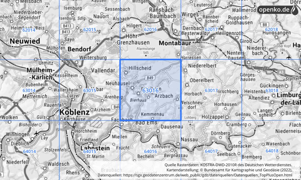 Übersichtskarte KOSTRA-DWD-2010R Rasterfeld Nr. 63016 mit angrenzenden Feldern