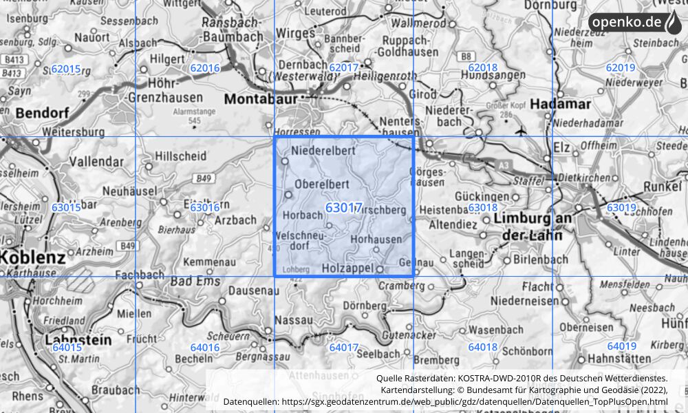 Übersichtskarte KOSTRA-DWD-2010R Rasterfeld Nr. 63017 mit angrenzenden Feldern