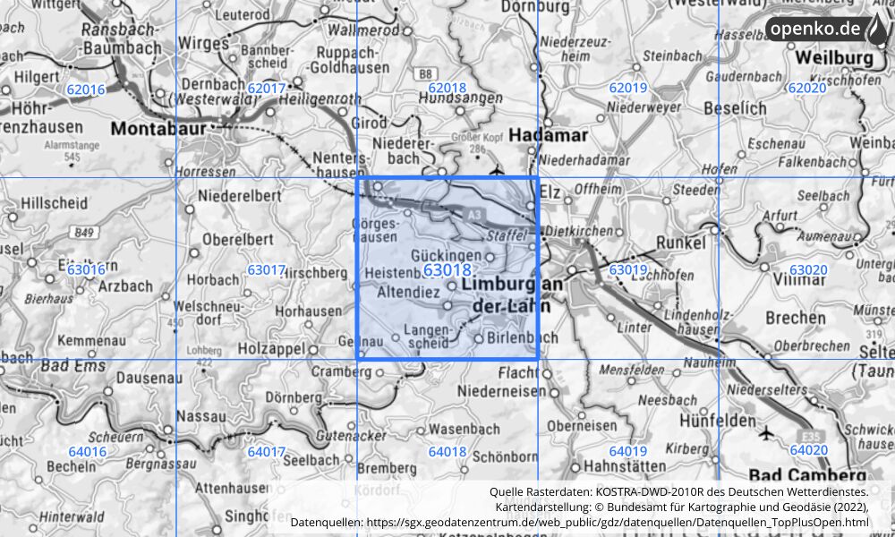 Übersichtskarte KOSTRA-DWD-2010R Rasterfeld Nr. 63018 mit angrenzenden Feldern